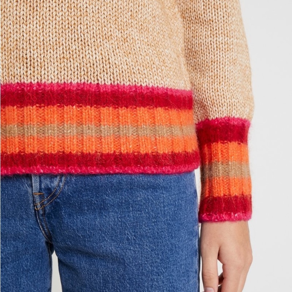 GAP Blouson Novel Sweater Beige Pink Orange Striped Alpaca Wool Accents Sz S - Picture 5 of 8